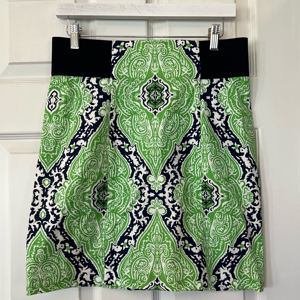 J Mclaughlin Stretch Pencil Skirt Knee Length Sz 6 Paisley Artsy Coastal